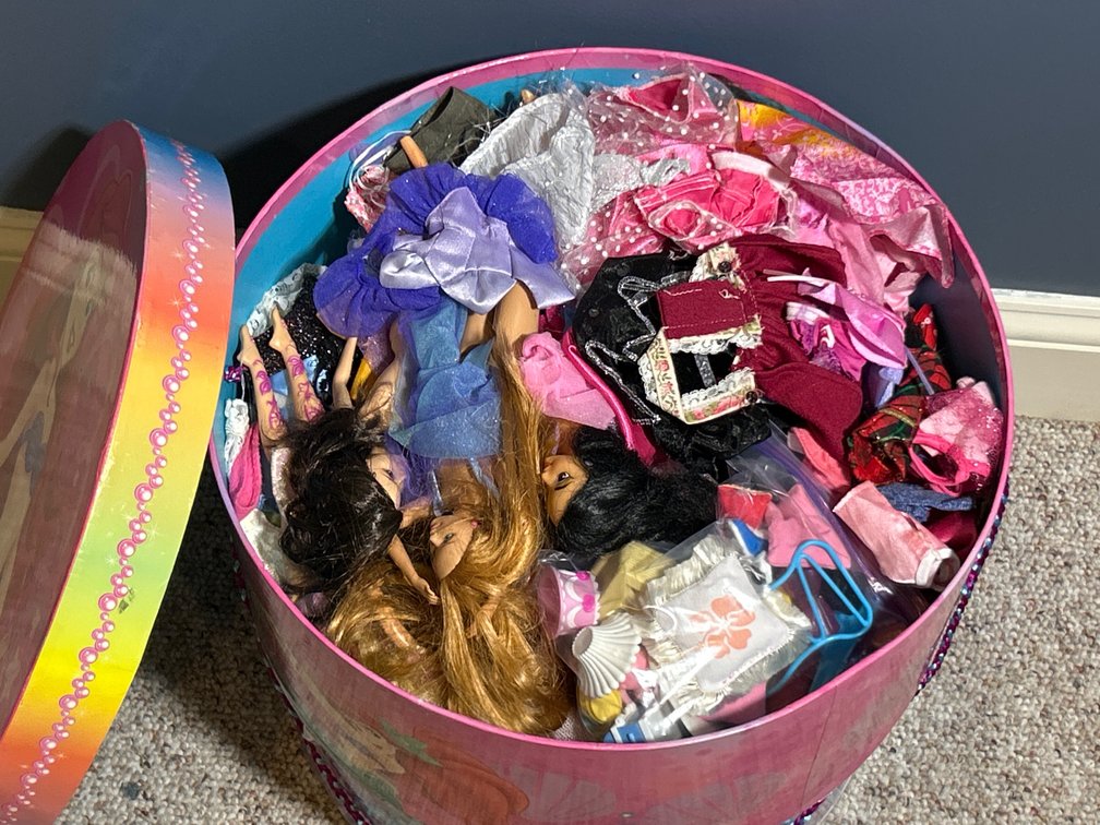Hatbox with Fashion Doll Clothing, Accessories, Some Dolls, Red Car, My Little Pony, More