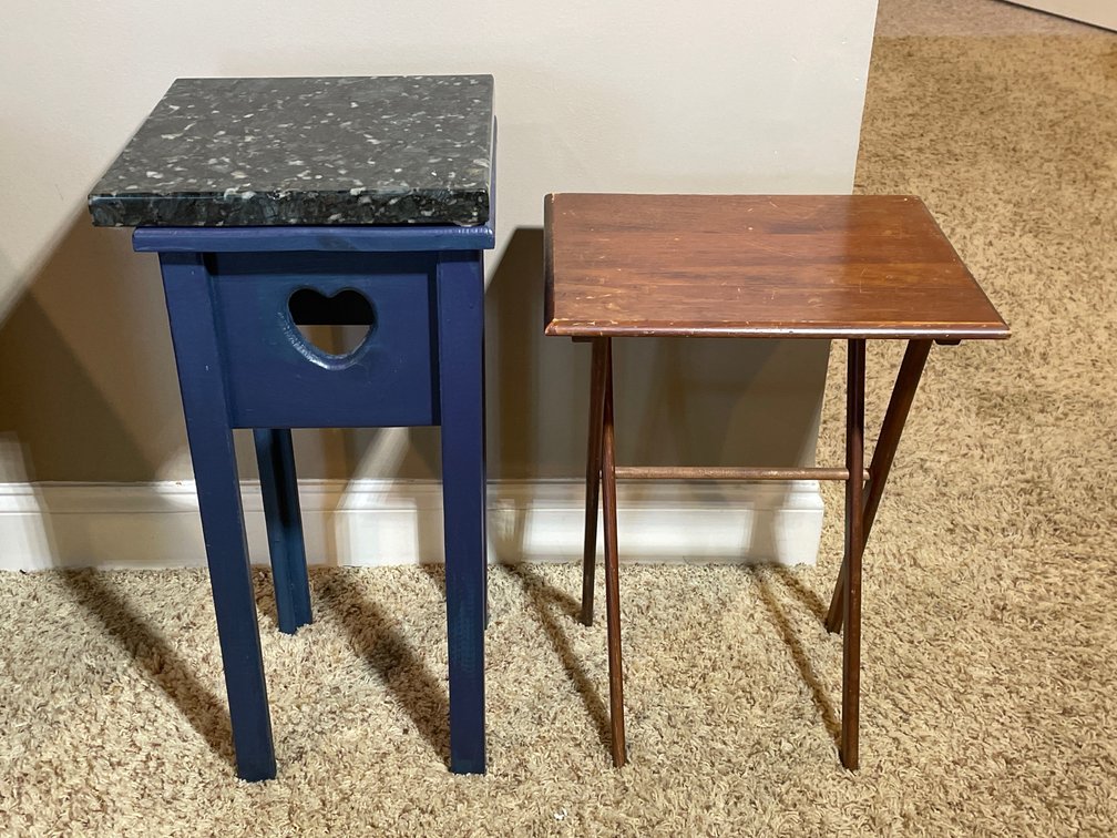 Small Blue Painted Side Table with Marble Like Top, Wooden TV Tray