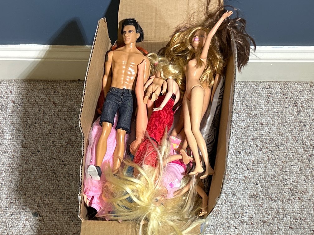 Box of Male & Female Fashion Dolls, Some Smaller, in Various States of Dress