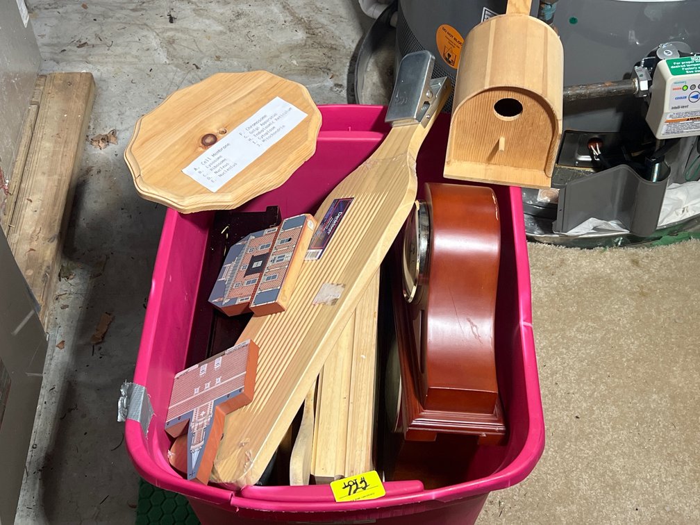 2 Mantel Clocks, Wooden Box of Assorted Tea Bags, Cat's Meow Type Buildings, More