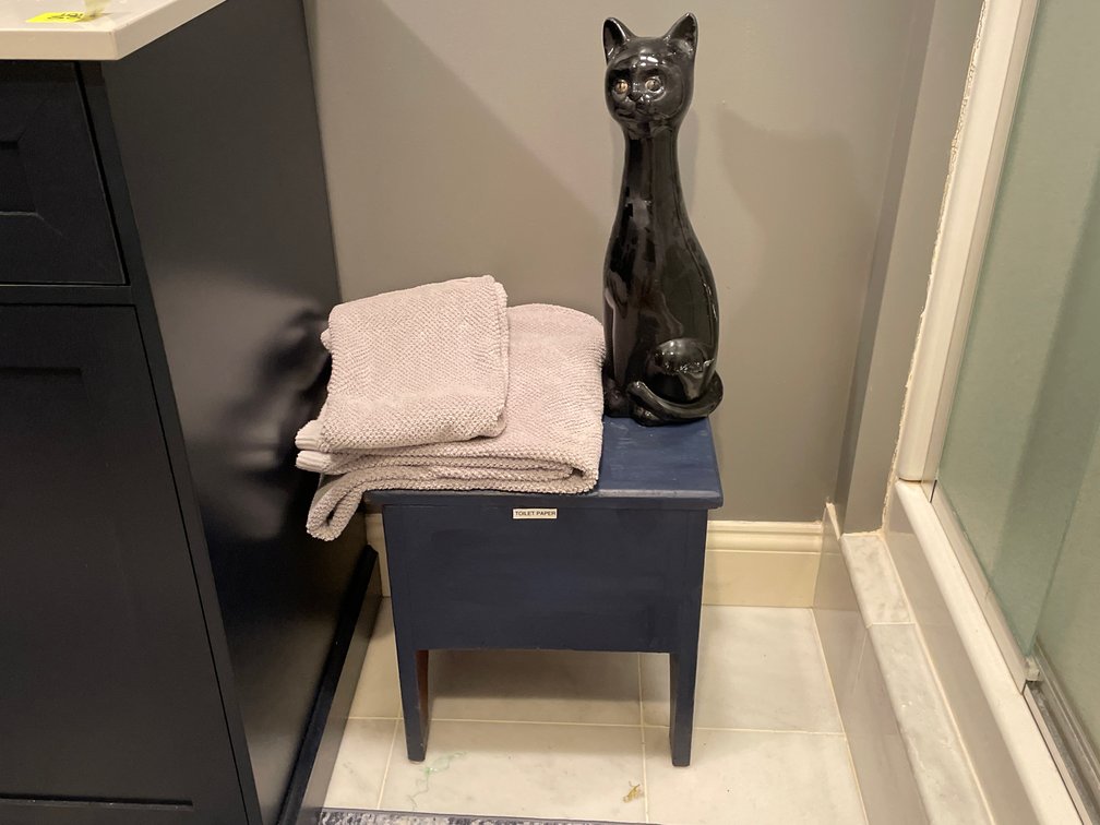 Footed Wooden Box with Hinged Lid in Blue Paint, Cat Toilet Brush Holder, Towels