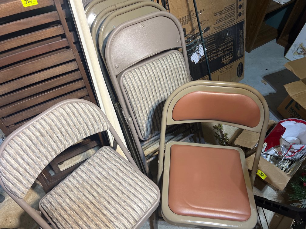 Approx. 9 Metal Folding Chairs, Some with Striped Upholstery, Others are Brown