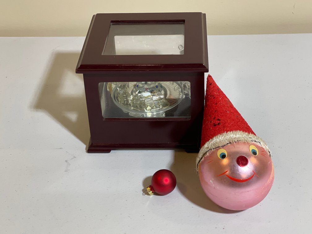 Wood & Glass Music Box with Glass Figures Inside, 2 Ornaments- One is Santa Head