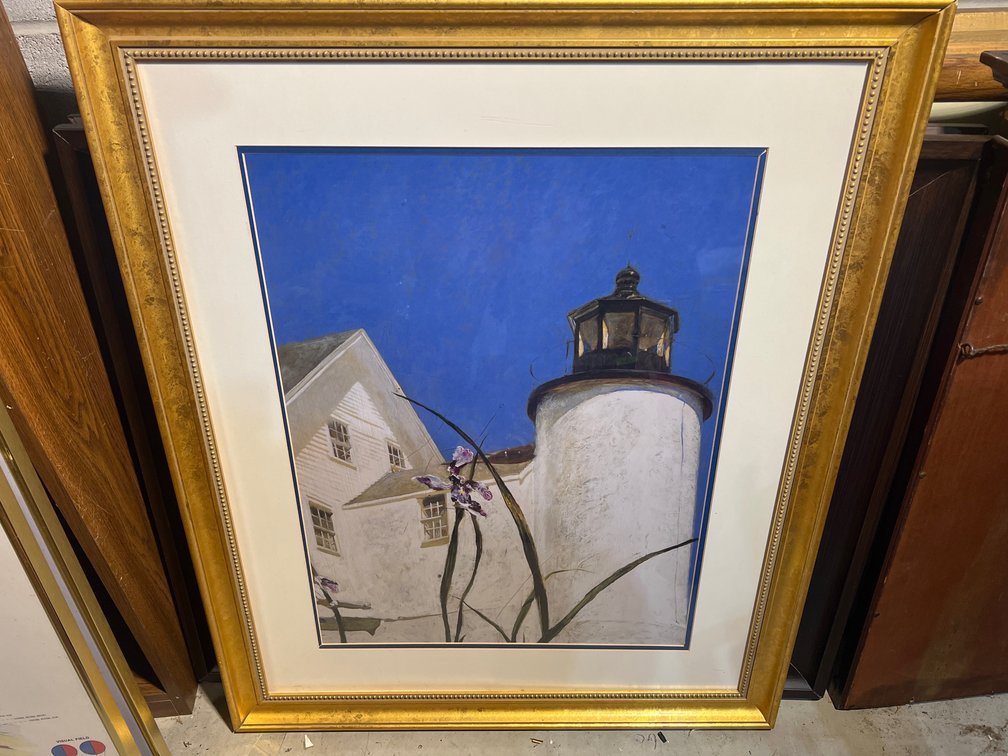 Framed Colored Print of Lighthouse with Iris in Foreground