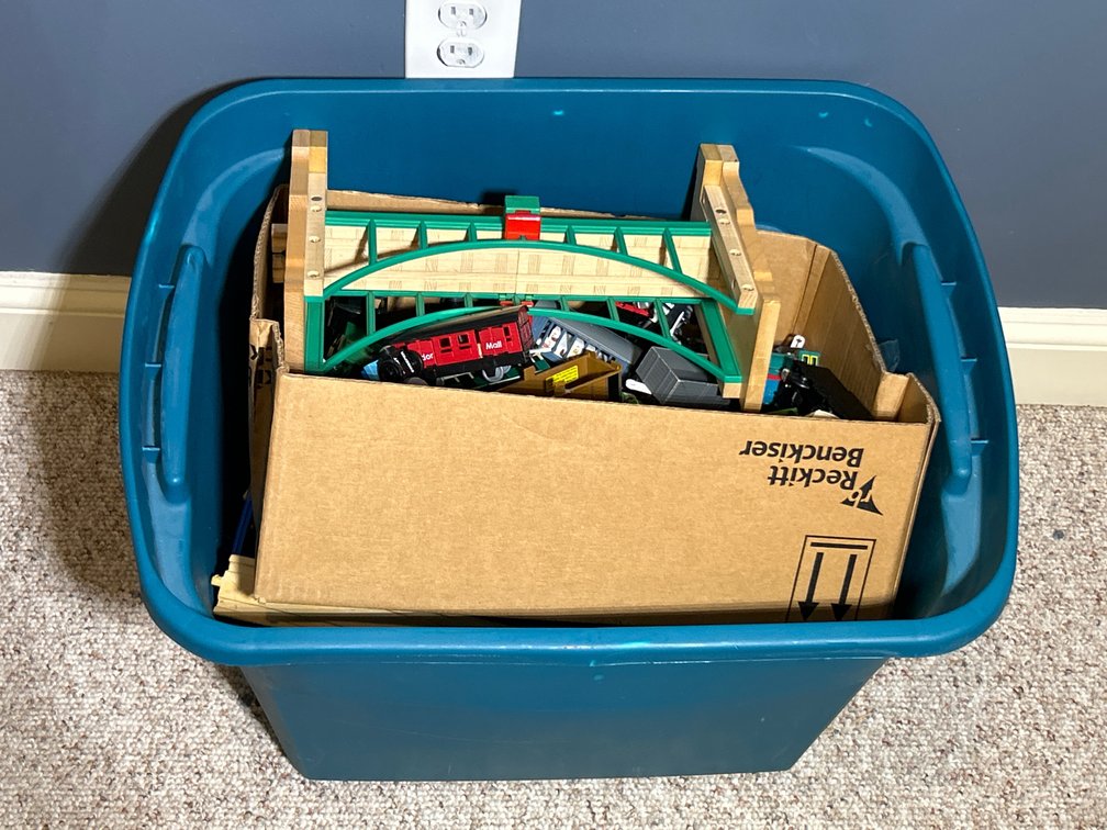 Storage Tote with Plastic Train Set- Cars, Bridges, Track, Accessories
