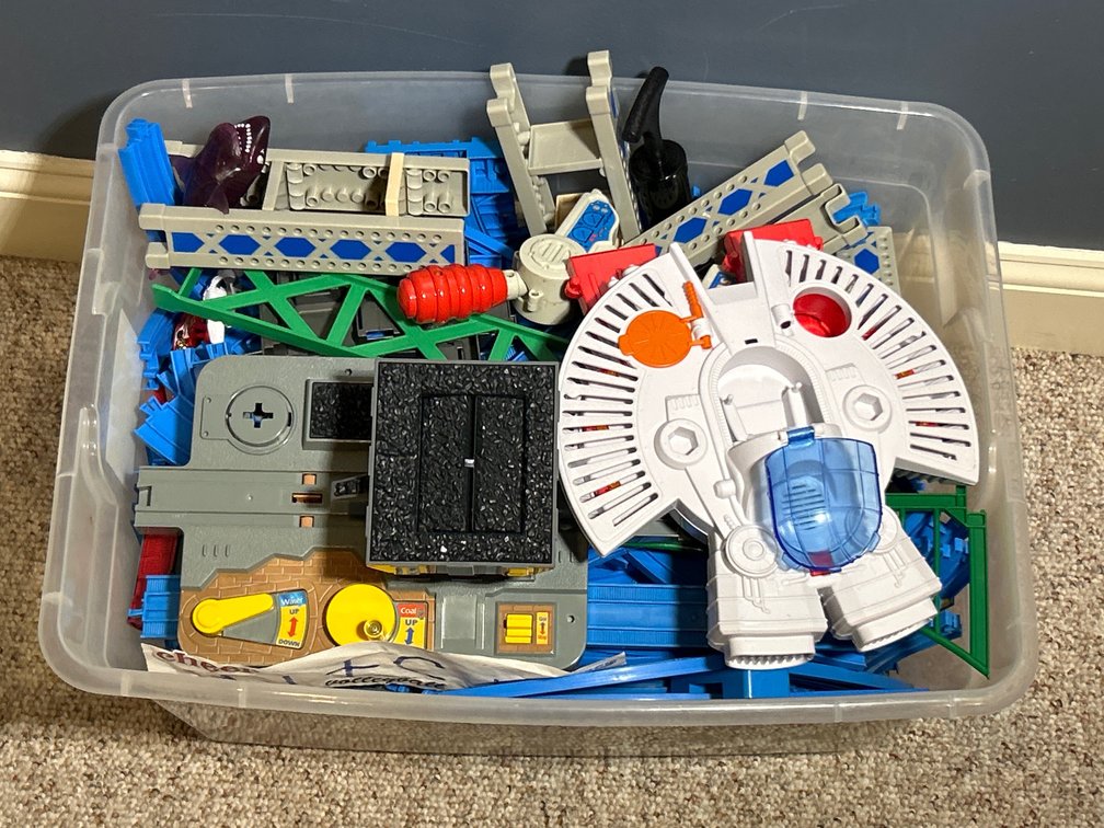 Plastic Train Set with Blue Track, Other Accessories in Storage Tote
