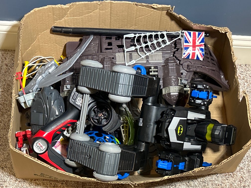 Box Lot of Toys including Batmobile, Maisto Tech Item, Pirate Ship?, More