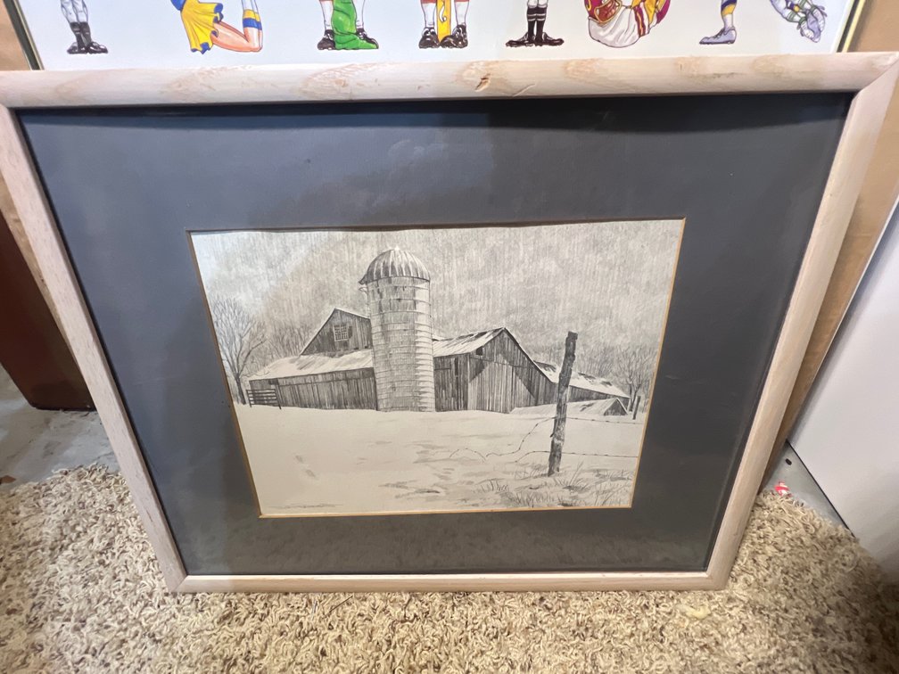 Framed Graphite Drawing of Winter Barn Scene by Don Patterson