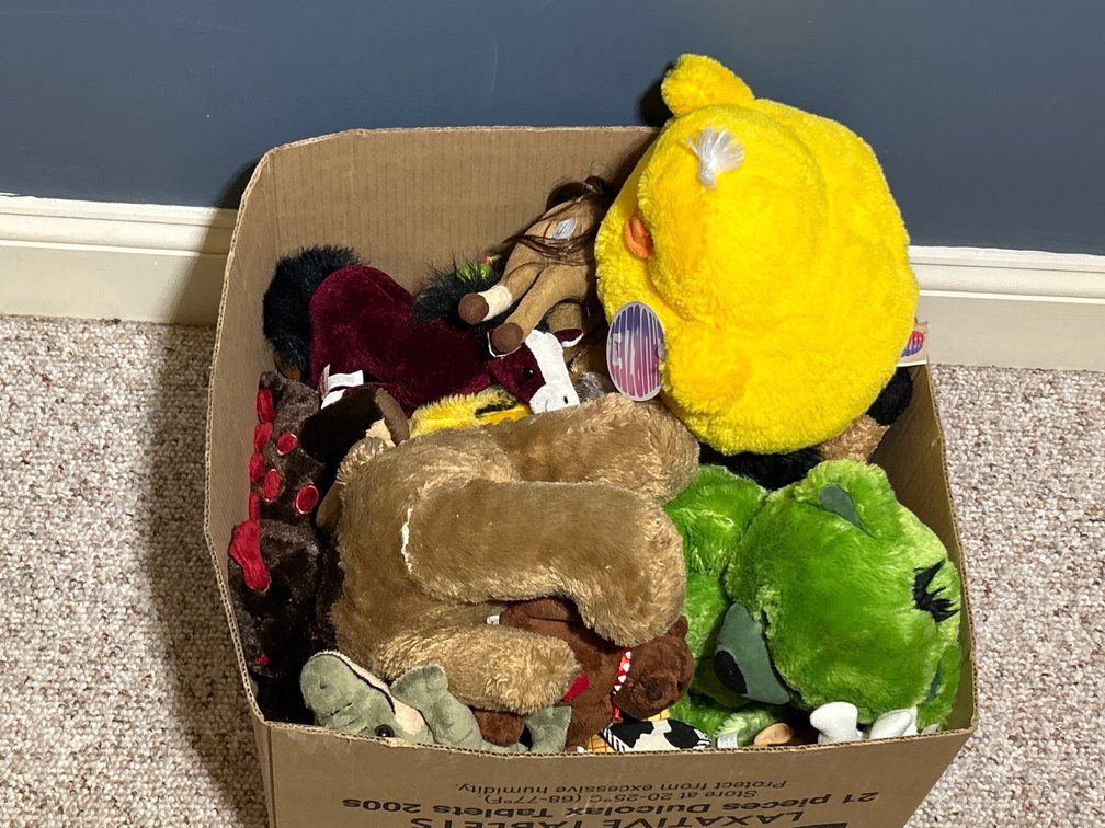 Box of Assorted Plush Animals, Woody & Buzz Lightyear
