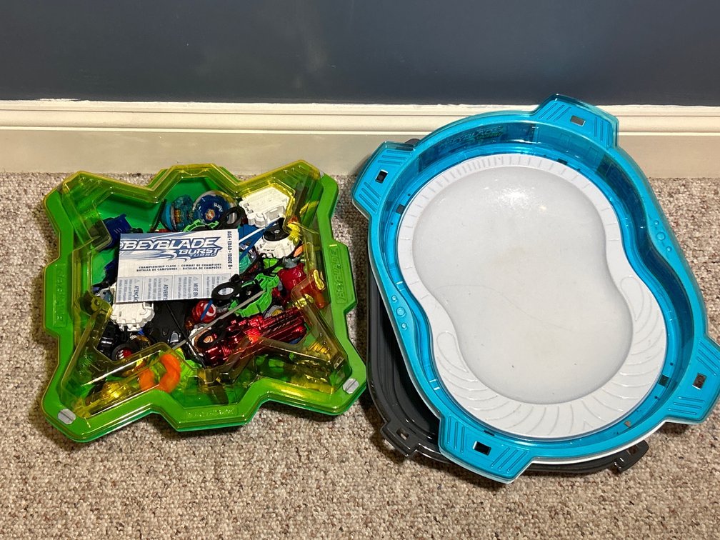 Beyblade Burst Trays, and Green Container of Beyblade Pieces