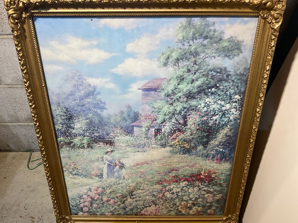 Framed Print of Oil on Board Landscape with Mother & Daughter in Garden