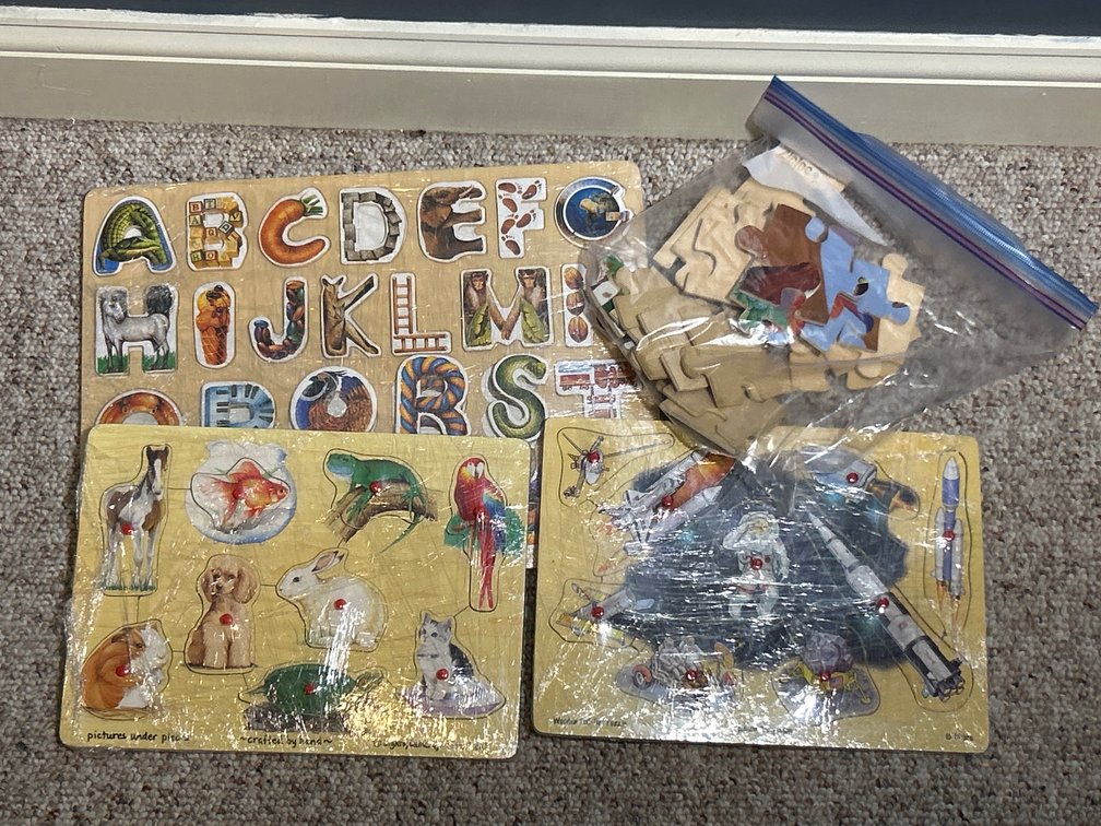 3 Wooden Tray Puzzles, Puzzle with Large Pieces in Zip-loc Bag