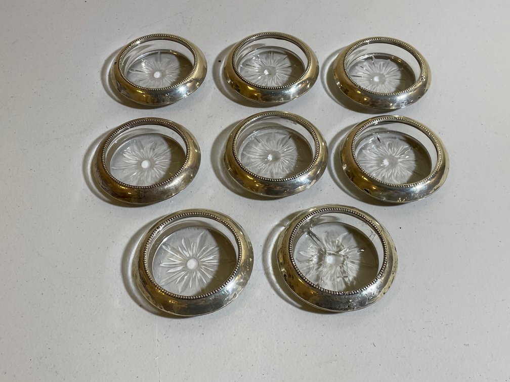 Sterling Framed Glass Coasters with Monogram "HPM"