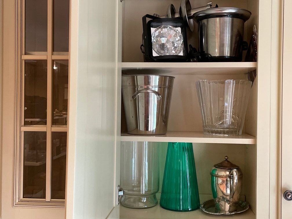 Large Glass Vases, Stainless Ice Bucket, Silver Plate Coffee Pot/Tray
