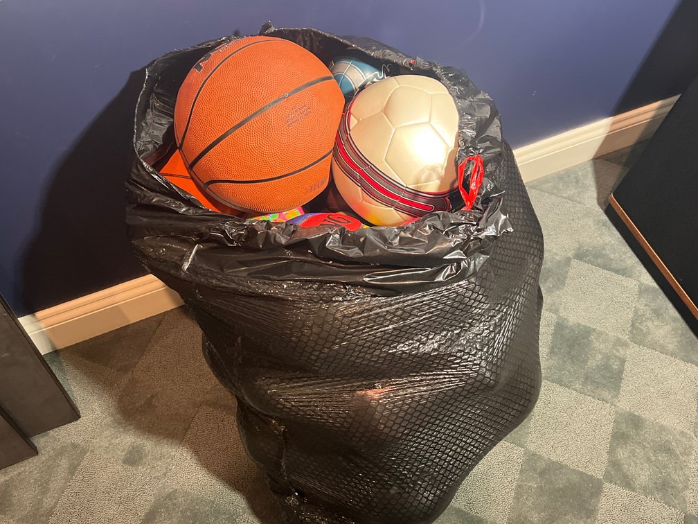 Trash Bag Full of Balls- Basketballs, Footballs, Softball, Soccer Balls, More