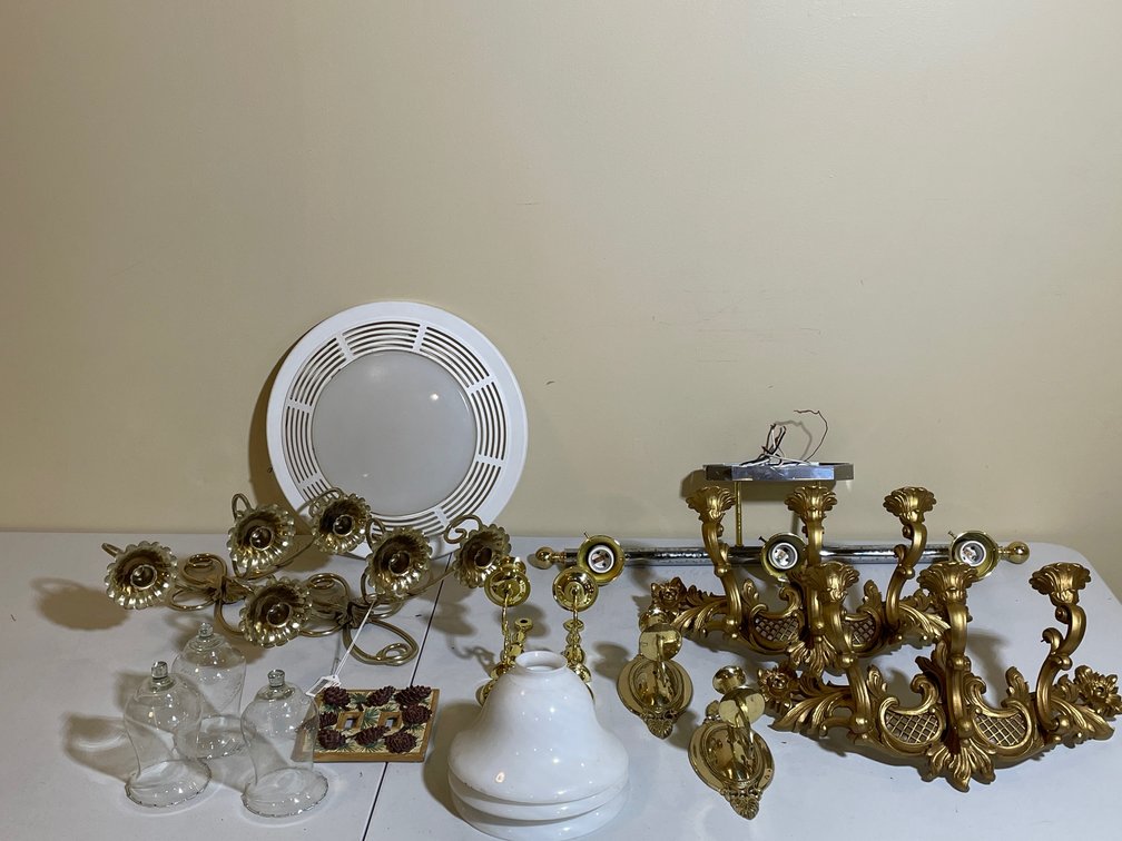 Brass Wall Sconces, Candelabras, Light Fixtures, Glass Shades- Clear & Milk Glass