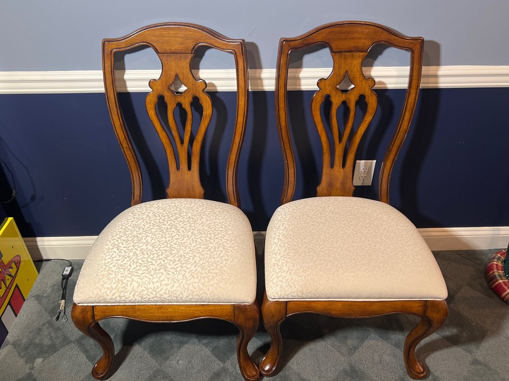 2 Wooden Dining Room Chairs in Cream Upholstery