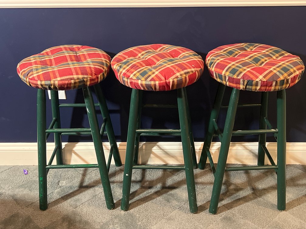 3 Wooden Stools in Green Paint with Plaid Seat Covers