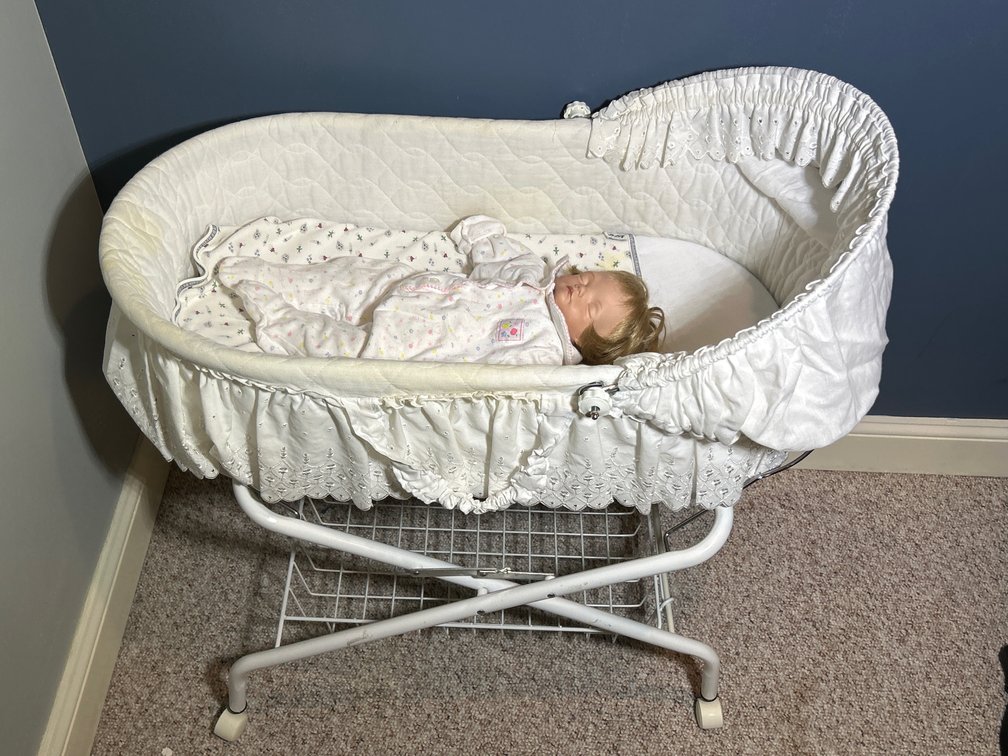 Baby Bassinet on Wire Frame with Wheels, Baby Doll Inside