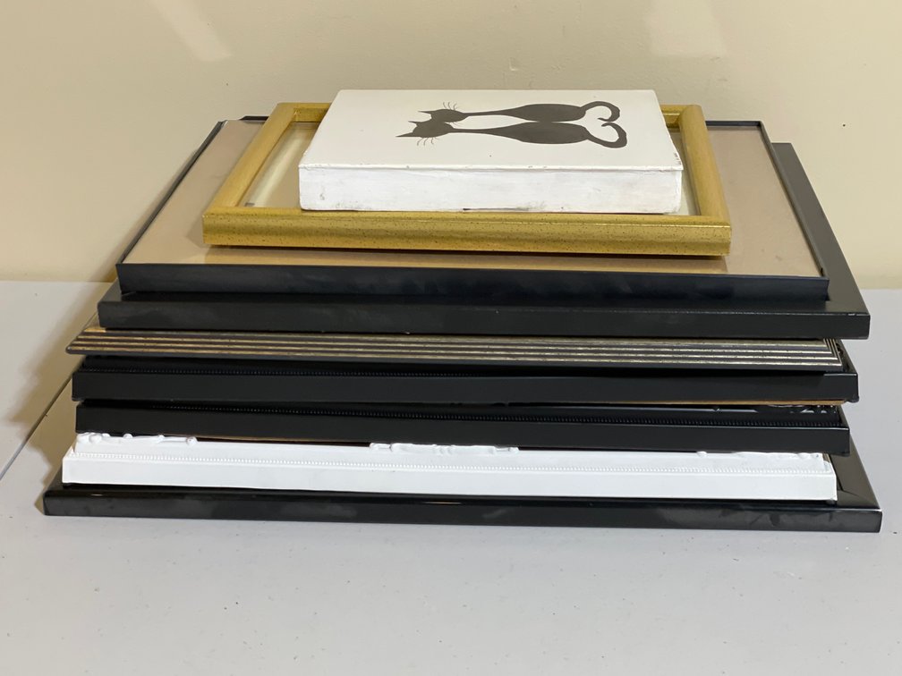Assorted Picture Frames- Various Sizes and Painting of 2 Cats