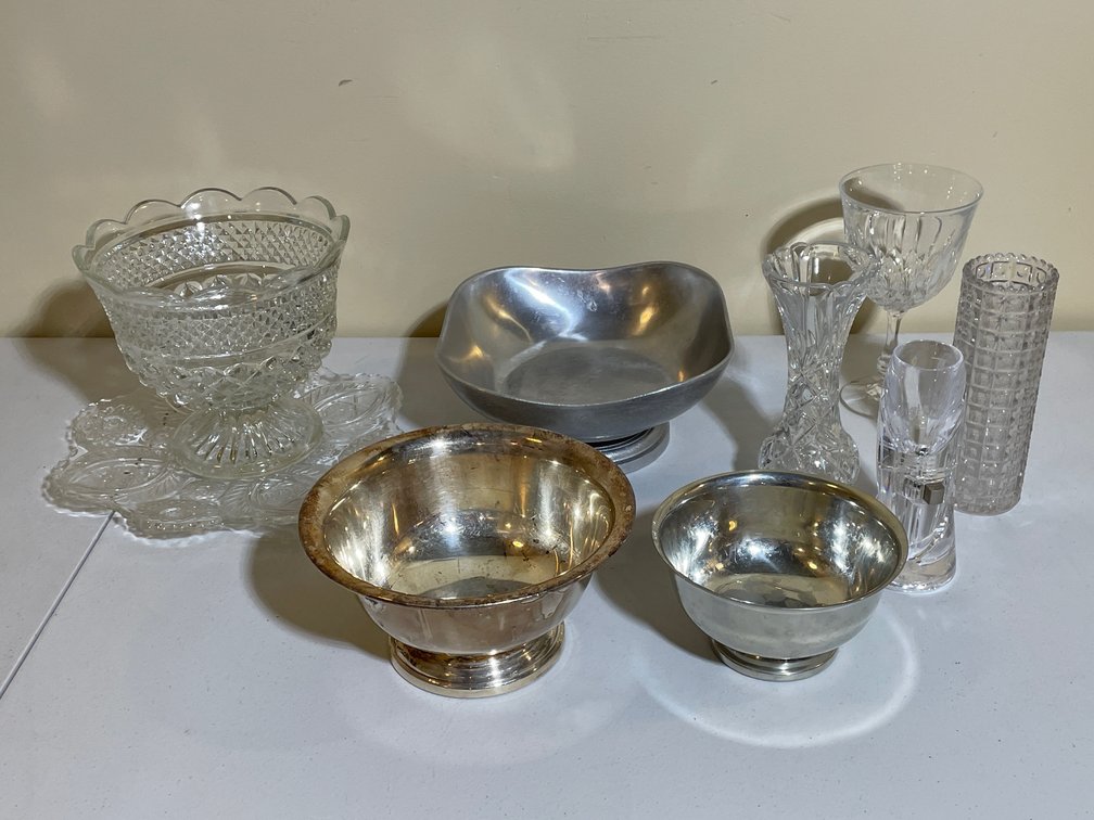 Glassware and Tableware Including Cut Glass Bowls, Vases, Pressed Glass Relish Dish, and Metalwork (Wilton, Poole Silver Co., Stieff Pewter)