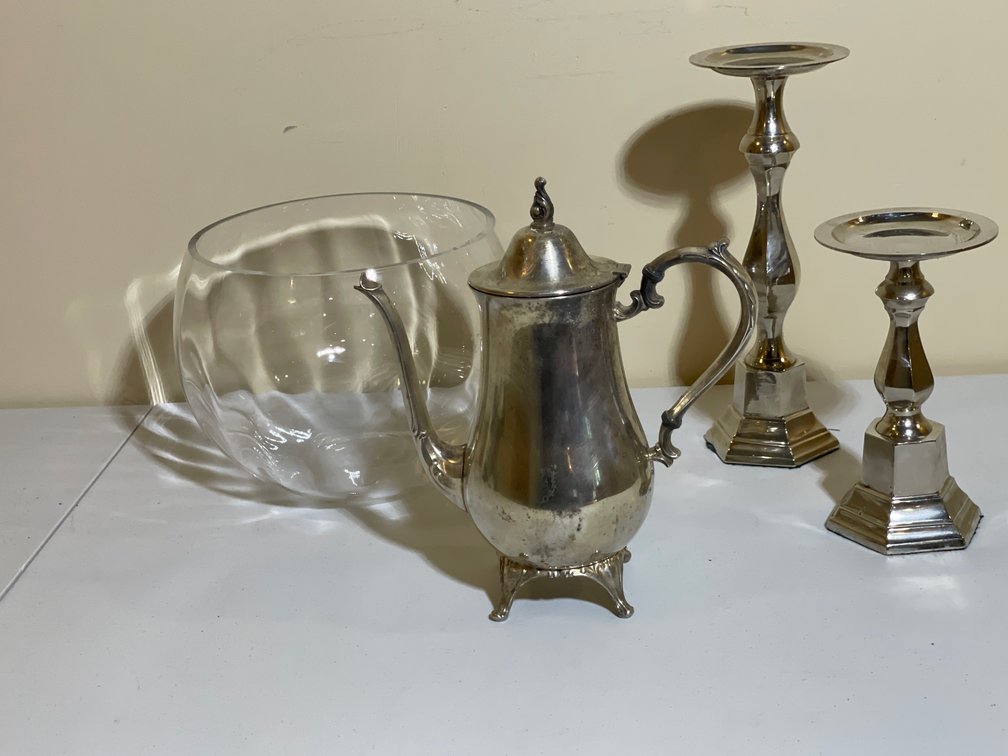 Silver-Plated Teapot, Pair of Metal Candlesticks, and Clear Glass Bowl Lot
