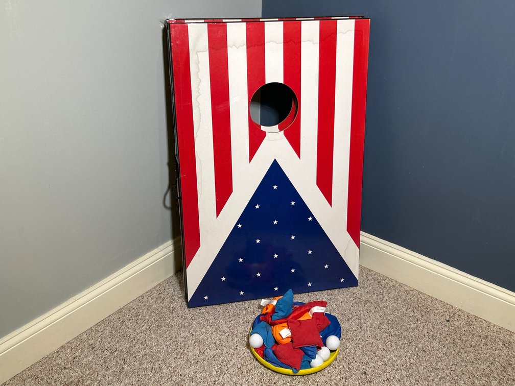 Americana Flag Cornhole Boards, Bean Bags, Frisbee, 4 Plastic Golf Balls