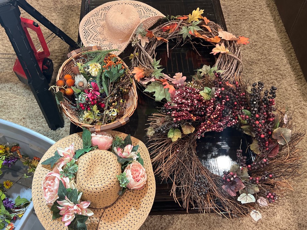 Interior Decorator "Dried" Flower Wreath, Decorations, and Lady's Straw Brim Hat