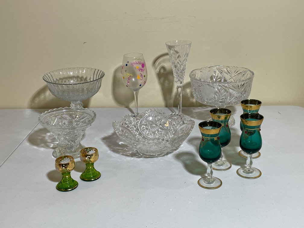 Glassware Lot Including Gold-Trimmed Teal and Green Cordials, Cut Glass Bowls, Crystal Champagne Flute, and Hand-Painted Wine Glass