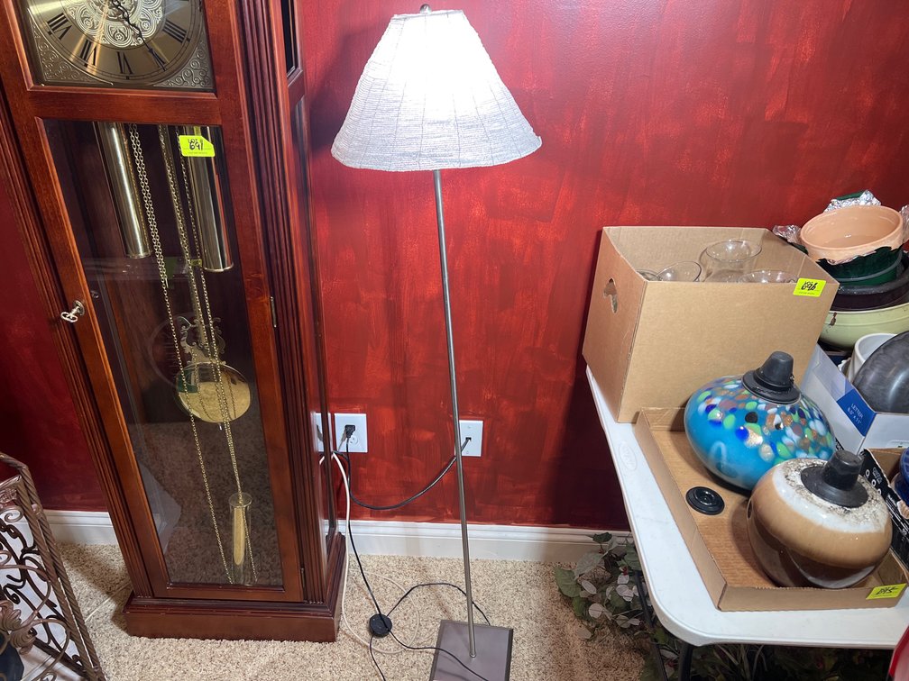 Brushed Stainless Metal Slender Floor Lamp with Conical Fabric Shade