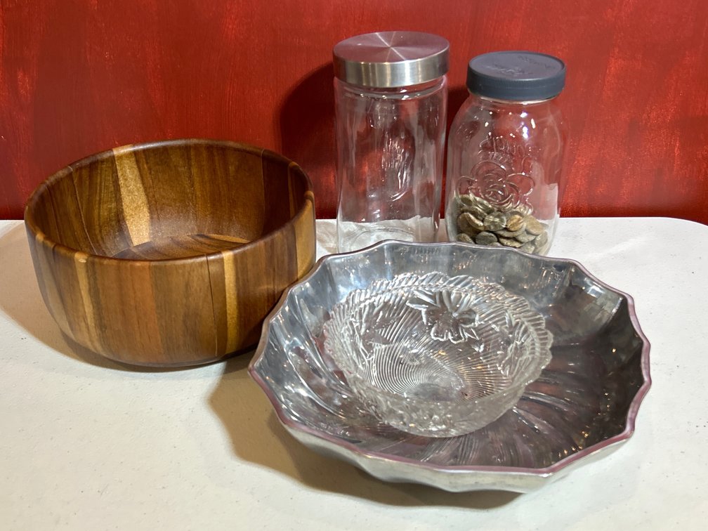 Serving & Storage Grouping Including Wilton Armetale Pewter Bowl, Wooden Bowl, Cut Glass Bowl, and Glass Jars