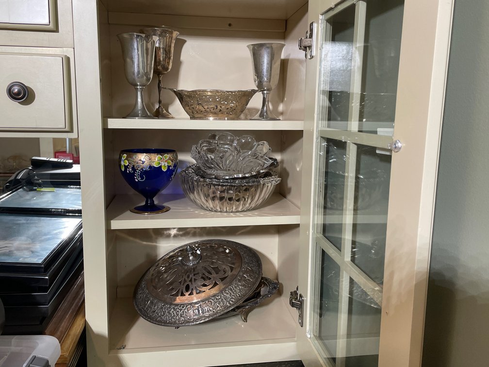 Silver Plate & Pewter Trays and Serving Pieces, Glass Bowls, Blue Pedestal Bowl