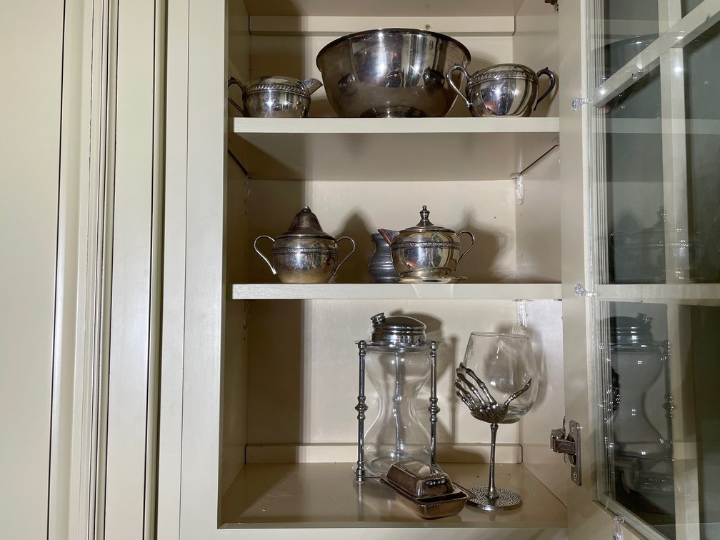 Silver-Plated and Pewter Tableware Collection Including Cocktail Shaker, Covered Sugar Bowls, Creamers, and Glassware