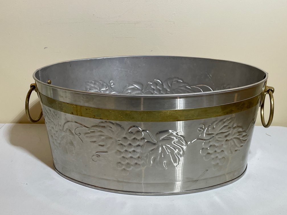 Metal Planter with Relief Grape Design and Brass Like Band
