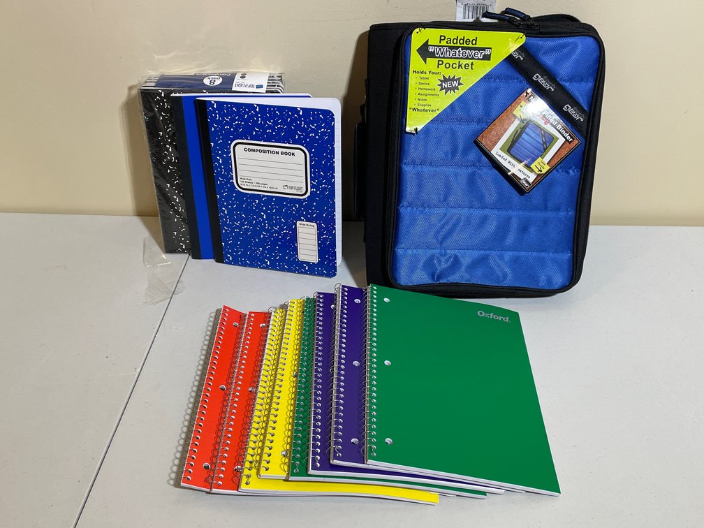 School and Office Supplies Lot Including Zipper Binder, Composition Books, and Spiral Notebooks