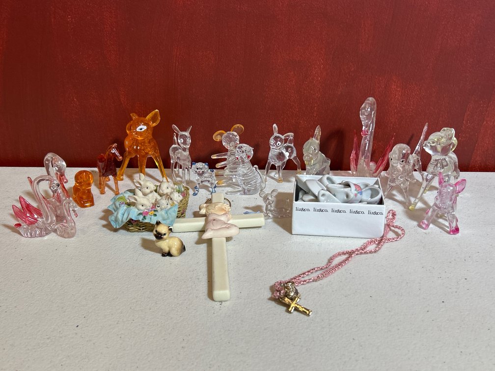 Assorted Miniature Glass Animals, Porcelain Tea Set, and Religious Collectibles