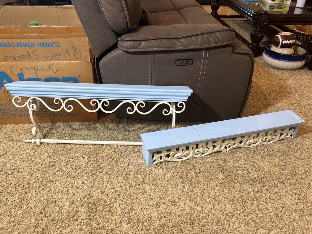 2 Floating Wall Shelves, Wood Base with Iron Scroll Decoration