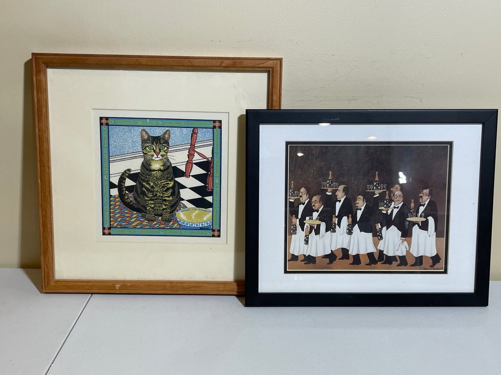 Framed Artwork Prints Including Guy Buffet Waiters / Chefs Print and Tabby Cat Print