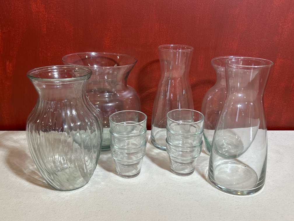 Clear Glass Lot: Candle Holders, Vases, Decanters