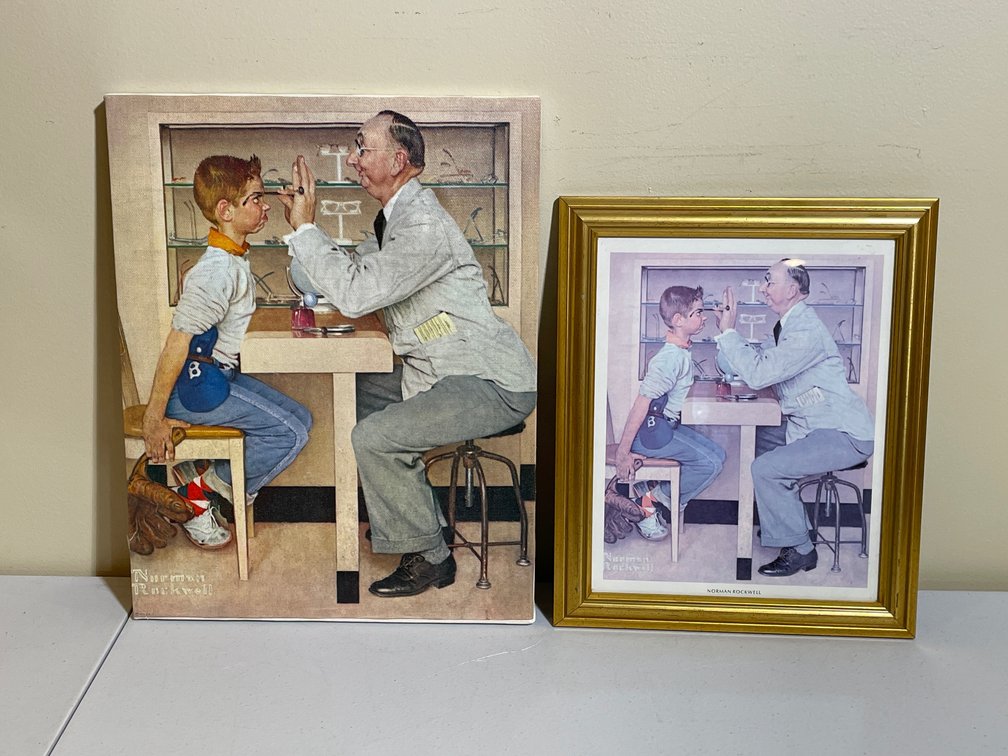 Norman Rockwell "The Eye Exam" (At the Optometrist) Wooden Plaque and Framed Print Set