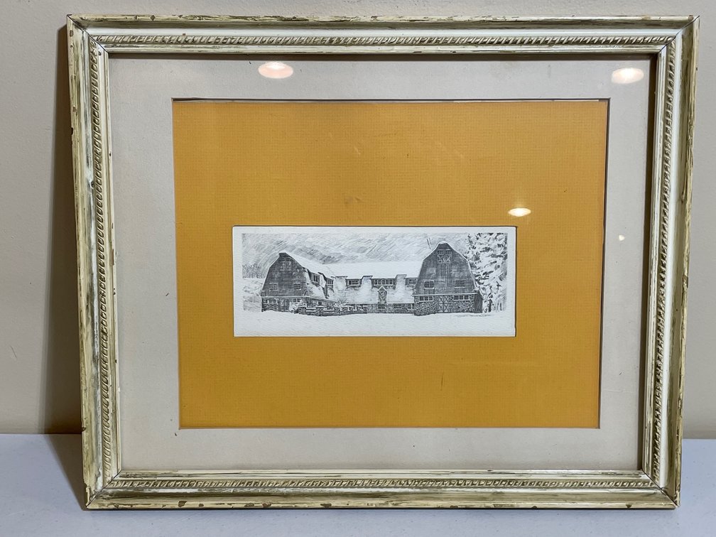 Framed Black and White Barn Sketch Print Signed by Jon Patterson