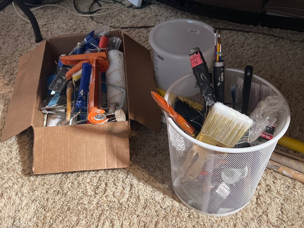 Painting Tools and Supplies Lot Including Caulking Gun, Paint Brushes, Rollers, and Longarm Extension Pole