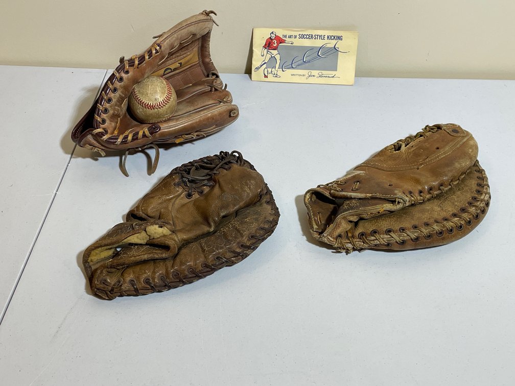 Antique Leather Baseball Mits/Gloves and Ball