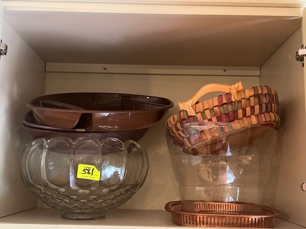 2 Glass Bowls, Various Serving Trays, Woven Basket, Metal Basket