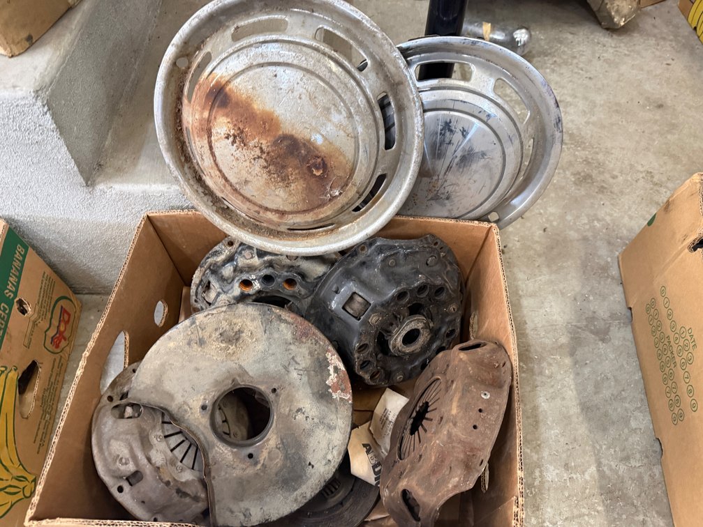 Box Lot of Vintage Hubcaps, Wheel Hubs, and Clutch Assemblies