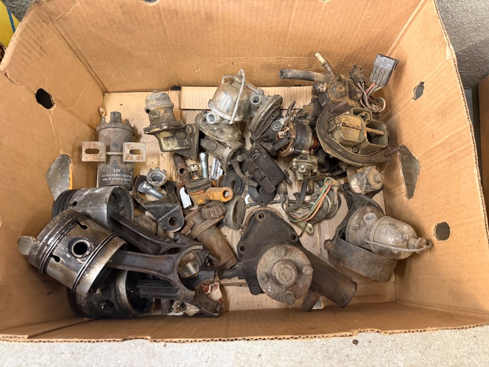 Box Lot of Vintage Fuel Pumps, Pistons, Connecting Rods, and Small Engine Parts