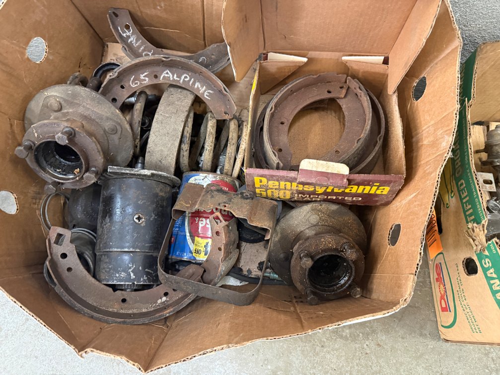Box Lot of Vintage Brake Shoes, Axle Hubs, and Wheel Components (Marked Alpine)