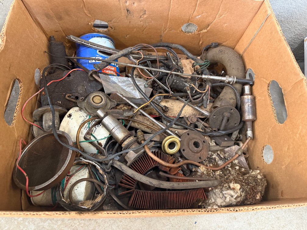 Box Lot of Vintage Auto Electrical Wiring, Hoses, Filters, and Hardware