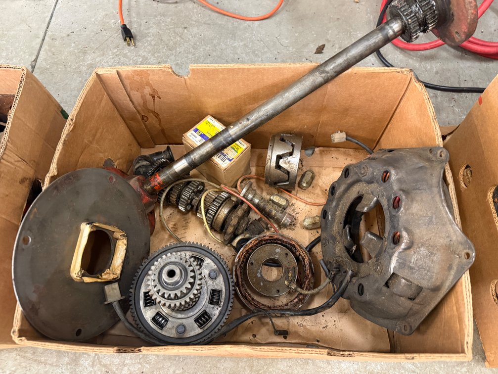 Box Lot of Vintage Steering Shaft, Gears, Bearings, and Hub Castings