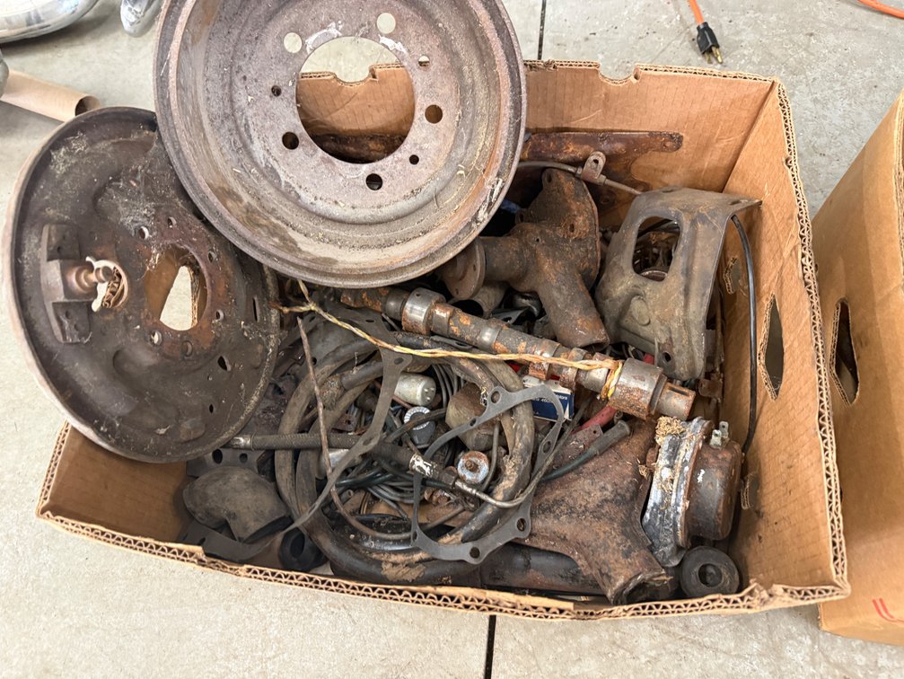 Box Lot of Vintage Brake Drums, Backing Plates, Steering Linkages, and Suspension Castings